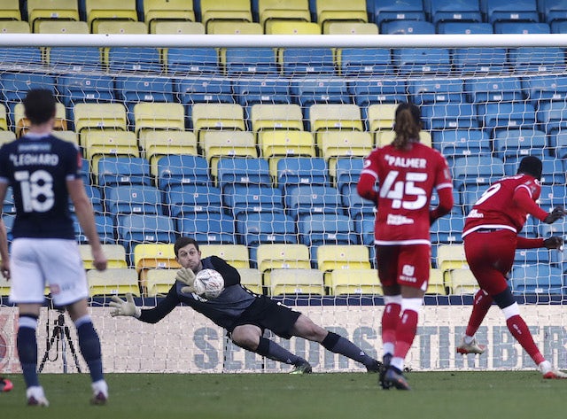 Bristol City's Famara Diedhiou scores their opening goal against Millwall on January 23, 2021