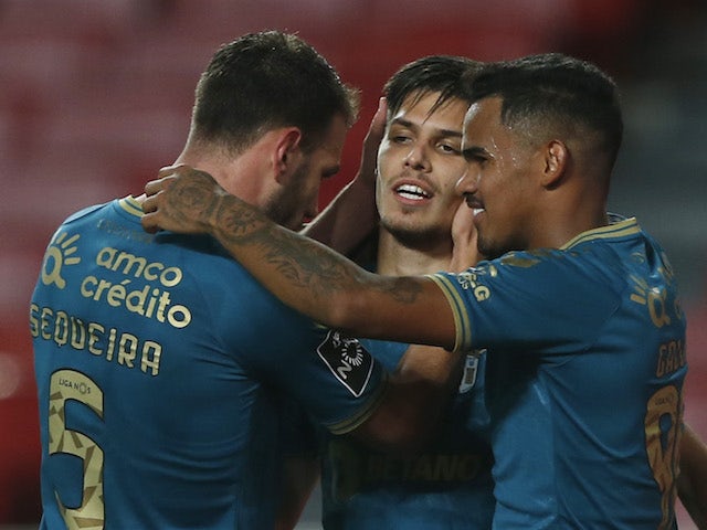 Braga's Francisco Moura celebrates scoring their second goal with teammates in November 2020