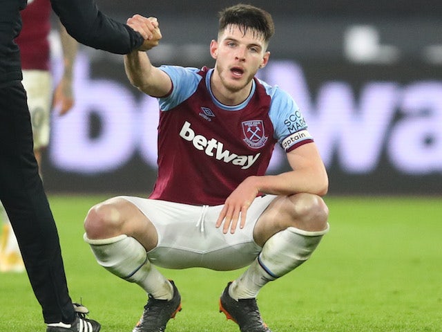 Declan Rice in action for West Ham United on January 16, 2021