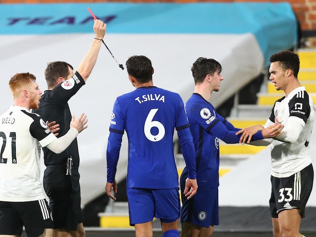 Fulham's Antonee Robinson is shown a red card against Chelsea on January 16, 2021