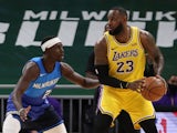 LA Lakers' Lebron James pictured with Milwaukee Bucks' Jrue Holiday on January 22, 2021
