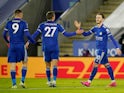 James Maddison celebrates scoring for Leicester City against Chelsea in the Premier League on January 19, 2021