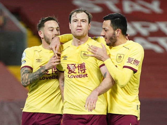 Burnley's Ashley Barnes celebrates scoring against Liverpool in the Premier League on January 21, 2021