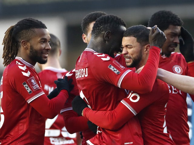 Bristol City's Nahki Wells celebrates scoring their second goal with teammates on January 23, 2021