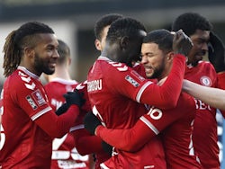 Bristol City's Nahki Wells celebrates scoring their second goal with teammates on January 23, 2021