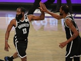 Brooklyn Nets shooting guard James Harden and power forward Kevin Durant celebrate against the Milwaukee Bucks on January 19, 2021