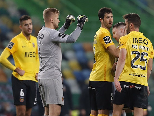 Rio Ave's Ivo Pinto with teammates after the match on January 15, 2021