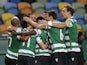 Sporting Lisbon's Pedro Goncalves celebrates scoring their first goal with teammates in January 2021