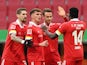 FC Union Berlin's Marcus Ingvartsen celebrates scoring their first goal with teammates on January 23, 2021