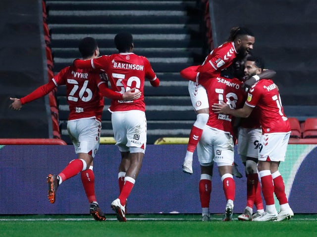 Famara Diedhiou celebrates scoring for Bristol City against Huddersfield Town in the Championship on January 26, 2021