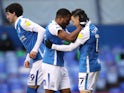Birmingham City's Jeremie Bela celebrates scoring their first goal from the penalty spot with Ivan Sanchez on January 30, 2021
