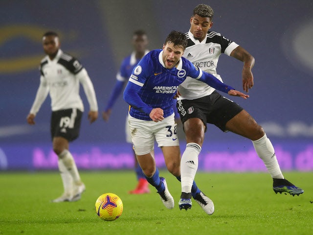 Brighton & Hove Albion's Joel Veltman in action with Fulham's Mario Lemina in the Premier League on January 27, 2021