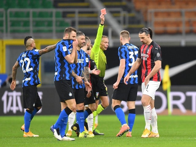 Zlatan Ibrahimovic is sent off for AC Milan against Inter Milan in the Coppa Italia on January 26, 2021
