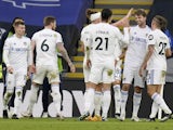 Leeds United's Patrick Bamford celebrates scoring against Leicester City in the Premier League on January 31, 2021