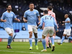 Manchester City's Gabriel Jesus celebrates scoring their first goal with teammates on January 30, 2021