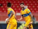 Tigres UANL's Andre-Pierre Gignac celebrates scoring their first goal with teammates at the Club World Cup on February 4, 2021