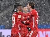 Kingsley Coman celebrates scoring for Bayern Munich against Hertha Berlin in the Bundesliga on February 5, 2021