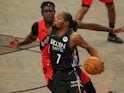 Brooklyn Nets power forward Kevin Durant drives with the ball against Toronto Raptors power forward Pascal Siakam on February 6, 2021