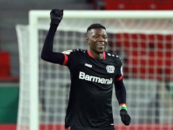 Bayer Leverkusen's Edmond Tapsoba celebrates scoring in January 2021