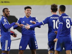 Leicester City's James Justin celebrates scoring against Fulham in the Premier League on February 3, 2021