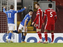 Brighton & Hove Albion's Steven Alzate celebrates scoring against Liverpool in the Premier League on February 3, 2021