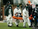 Newcastle United's Fabian Schar is stretchered off against Southampton on February 6, 2021