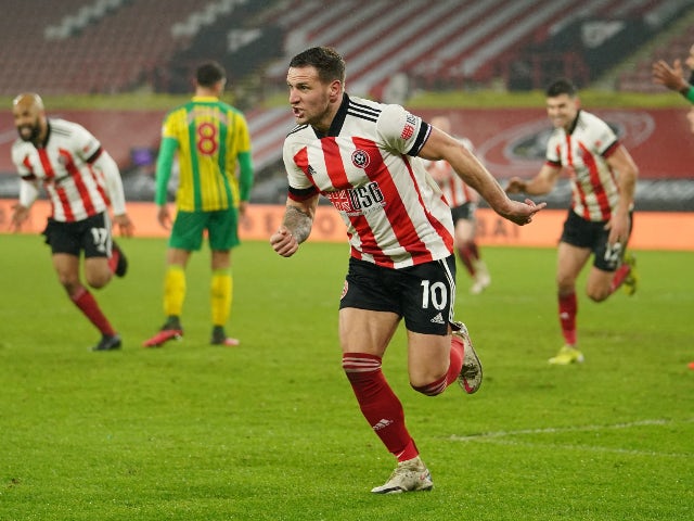 Billy Sharp celebrates scoring for Sheffield United against West Bromwich Albion in the Premier League on February 2, 2021