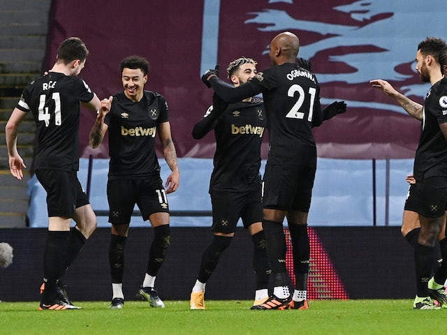 West Ham United's Jesse Lingard celebrates scoring against Aston Villa in the Premier League on February 3, 2021