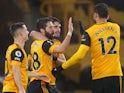 Joao Moutinho celebrates scoring for Wolverhampton Wanderers against Arsenal in the Premier League on February 2, 2021