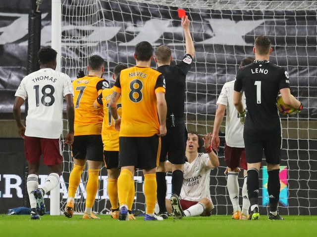 David Luiz is sent off for Arsenal against Wolverhampton Wanderers on February 2, 2021
