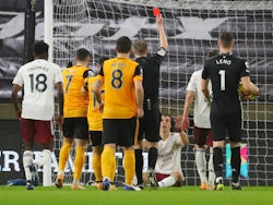 David Luiz is sent off for Arsenal against Wolverhampton Wanderers on February 2, 2021