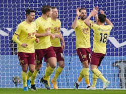 Burnley's Jay Rodriguez celebrates scoring their second goal with Ashley Westwood and teammates on February 13, 2021
