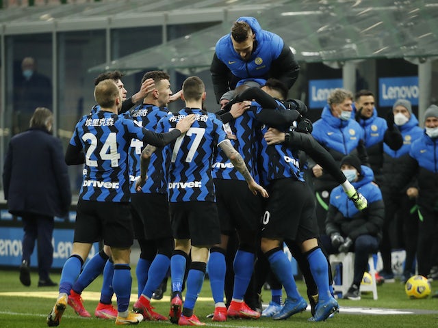 Inter Milan's Lautaro Martinez celebrates scoring against Lazio in Serie A on February 14, 2021