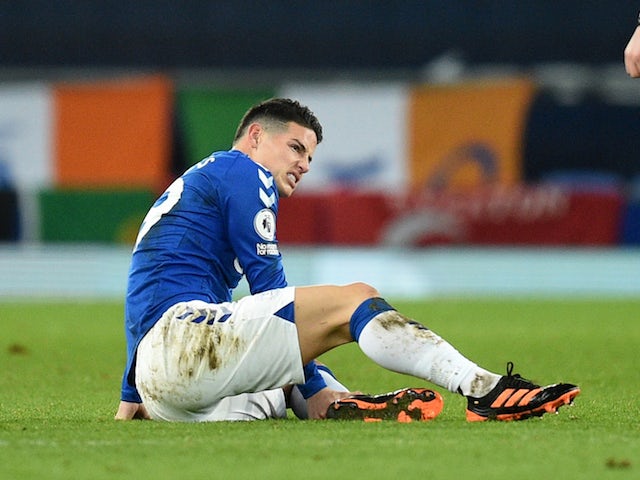 Everton's James Rodriguez after sustaining an injury on February 14, 2021