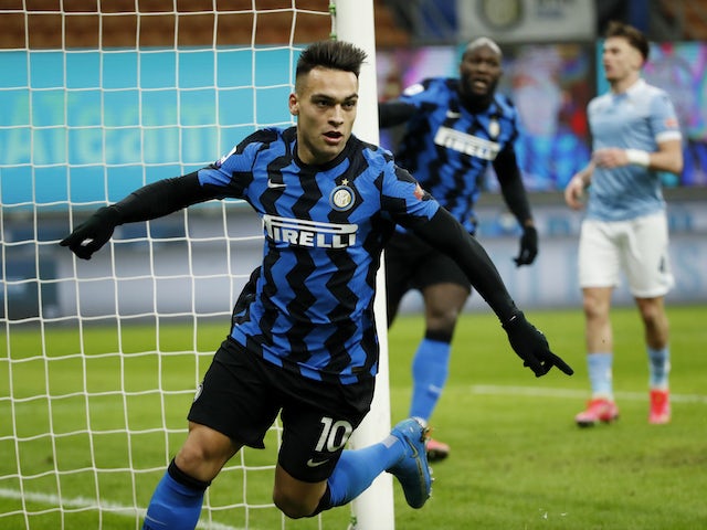 Inter Milan's Lautaro Martinez celebrates scoring their third goal on February 14, 2021