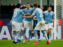 Lazio's Gonzalo Escalante celebrates scoring their first goal with teammates on February 14, 2021