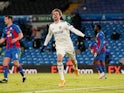 Patrick Bamford celebrates scoring for Leeds United against Crystal Palace in the Premier League on February 8, 2021