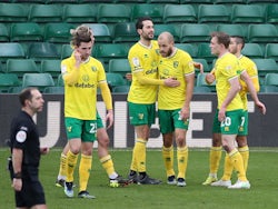 Norwich City's Teemu Pukki celebrates scoring their second goal with teammates on February 13, 2021