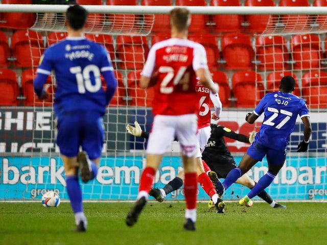 Cardiff City's Sheyi Ojo scores their first goal against Rotherham in the Championship on February 9, 2021