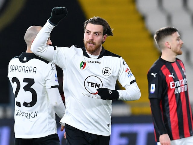 Spezia's Simone Bastoni celebrates scoring their second goal on February 13, 2021