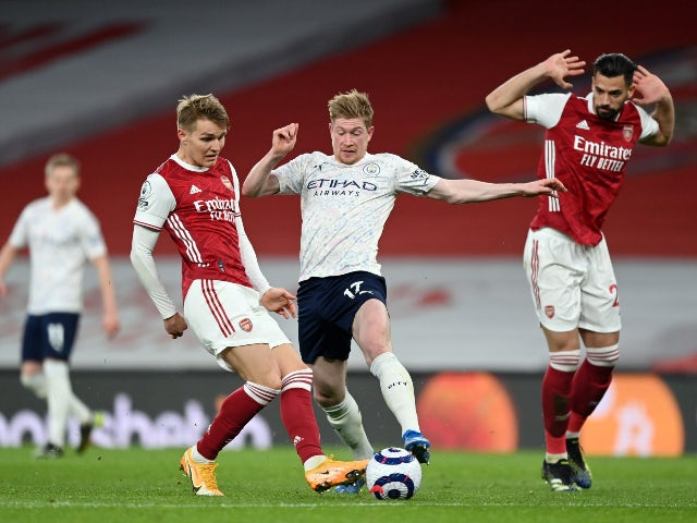 Manchester City's Kevin De Bruyne in action against Arsenal on February 21, 2021