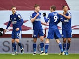 Leicester City's Harvey Barnes celebrates scoring against Aston Villa in the Premier League on February 21, 2021