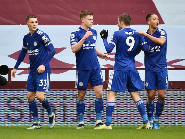 Leicester City's Harvey Barnes celebrates scoring against Aston Villa in the Premier League on February 21, 2021