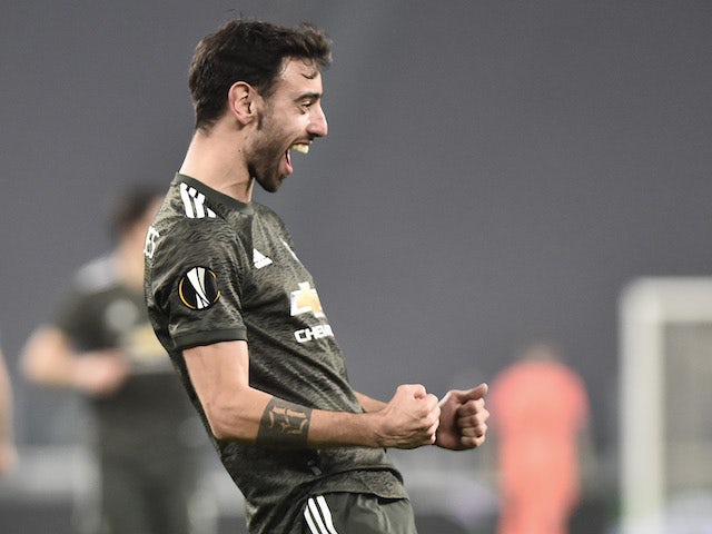 Manchester United's Bruno Fernandes celebrates scoring their second goal in the Europa League on February 18, 2021