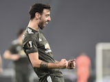 Manchester United's Bruno Fernandes celebrates scoring their second goal in the Europa League on February 18, 2021