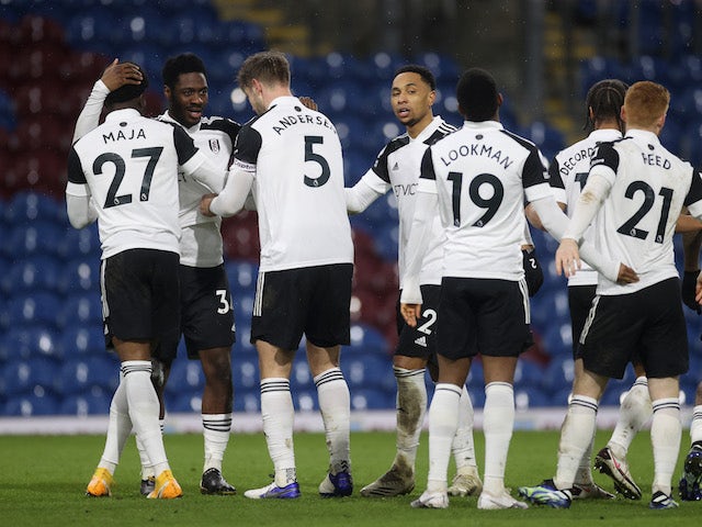 Fulham's Ola Aina celebrates scoring against Burnley in the Premier League on February 17, 2021