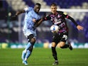 Coventry City's Julien Dacosta in action with Norwich City's Dimitris Giannoulus in the Championship on February 17, 2021