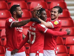 Nottingham Forest's Alex Mighten celebrates after scoring their first goal on February 20, 2021