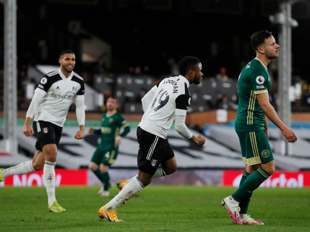 Ademola Lookman celebrates scoring for Fulham against Sheffield United in the Premier League on February 20, 2021