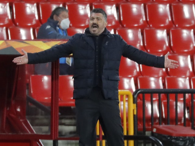 Napoli coach Gennaro Gattuso reacts in the Europa League on February 18, 2021